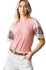 Pink Rib-Knit Leopard Lace Splicing Sleeve Patchwork Summer Top