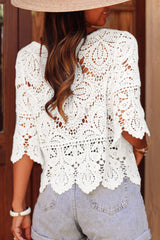 Oatmeal Hollowed Macrame Lace Crochet Bohemian Blouse