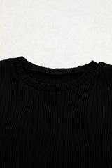 Black Solid Color Wavy Textured Cap Sleeve Top