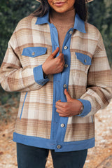 Light Beige Plaid Patchwork Flap Pocket Button Up Shacket