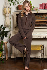 Brown Ribbed Henley Shirt and Wide Leg Pants Loungewear Set