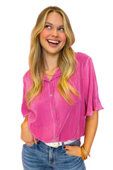 Bright Pink Button Up Pleated Blouse