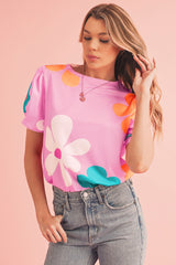 Pink Colorful Flower Print Bubble Sleeve Tee