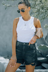 Black Casual Frayed High Waisted Denim Shorts