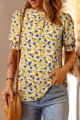 Yellow Floral Boho Frill Mock Neck Blouse