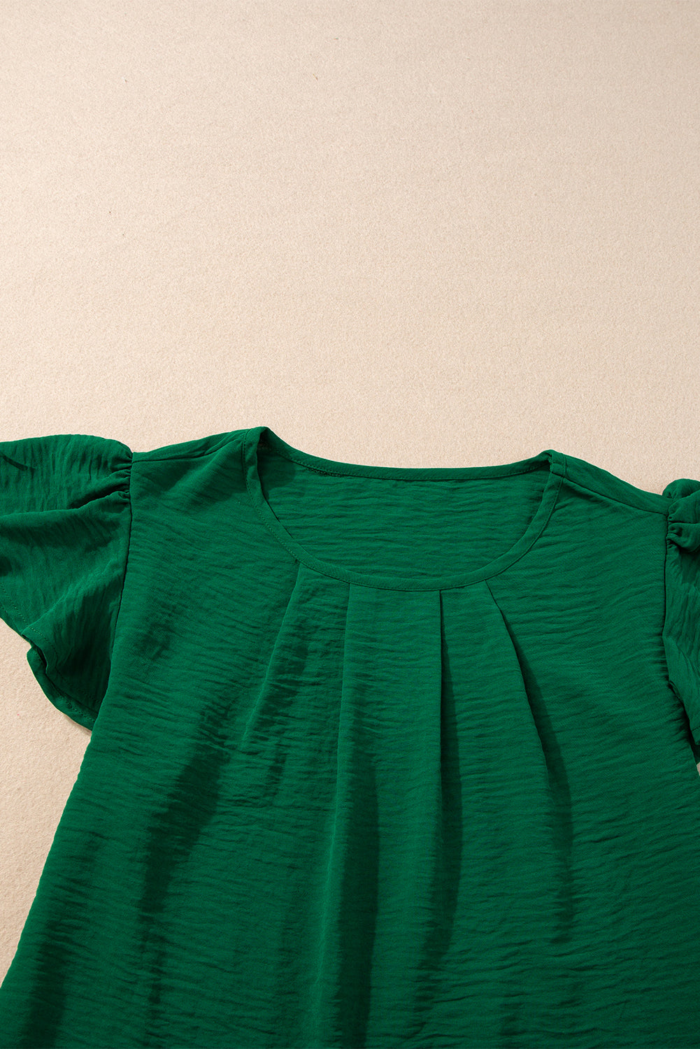 Dark Green Plain Textured Pleated Ruffle Sleeve Blouse