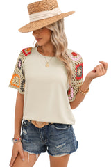 Parchment Hollowed Floral Crochet Sleeve Boho T Shirt