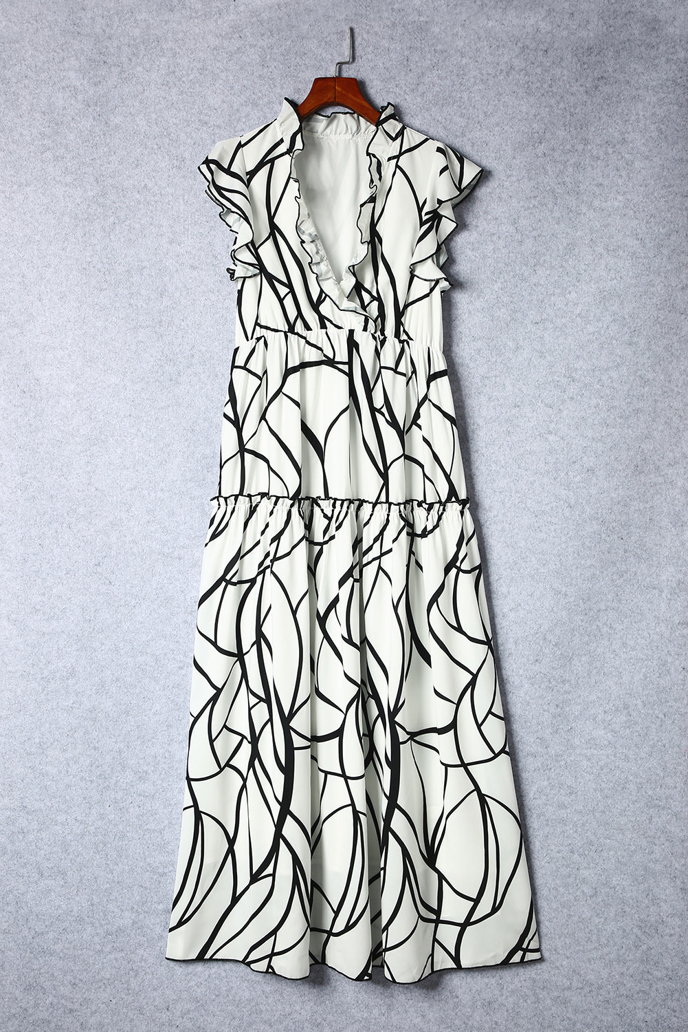 White Abstract Print V Neck Ruffle Maxi Dress