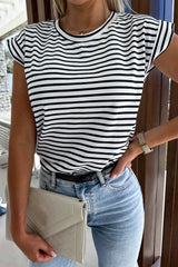 White Striped Cap Sleeve Crew Neck T Shirt