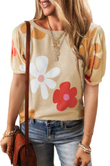 Apricot Colorful Flower Print Bubble Sleeve Tee