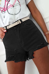 Black Solid Color Distressed Denim Shorts