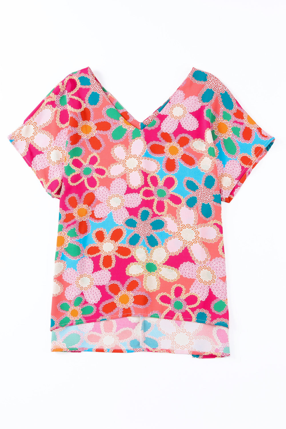 Pink Abstract Print V Neck Short Sleeve Dolman Blouse