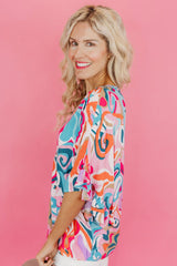 Light Blue Abstract Print Ruffle V Neck Babydoll Blouse