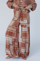 Brown Boho Geometric Print Patchwork Tiered Wide Leg Pants