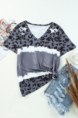 Wholesale Gray Tie Dye Leopard Print V Neck T Shirt