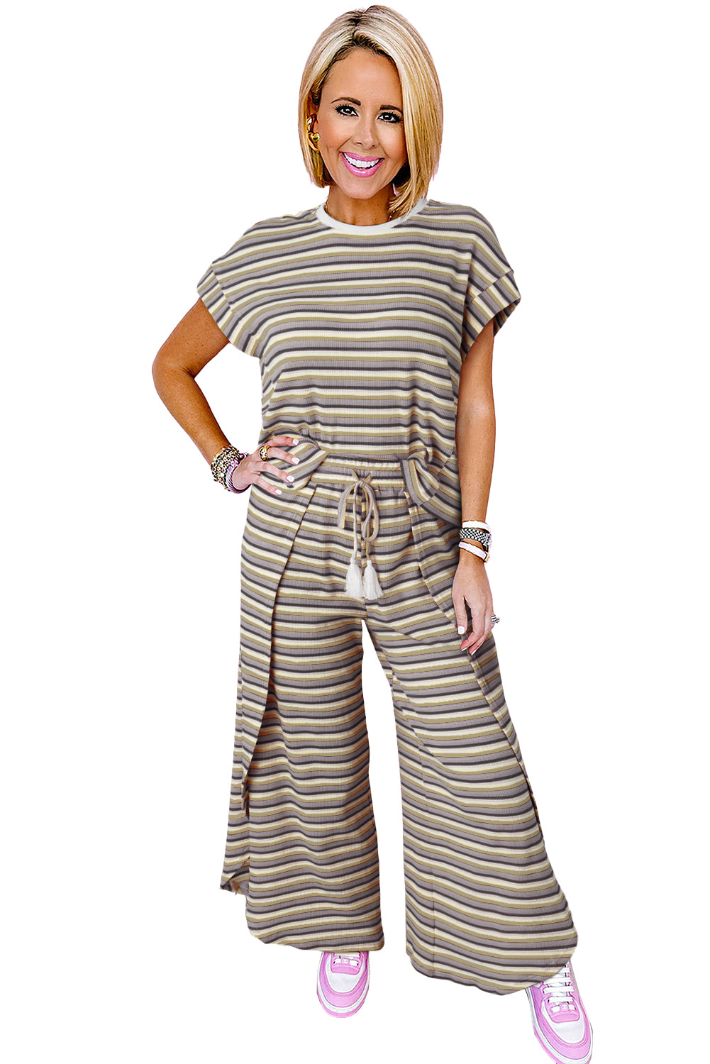 Black Stripe Rainbow Tee and Tassel Drawstring Wide Leg Pants Set