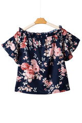 Blue Ruffle Off Shoulder Flounce Sleeve Floral Blouse