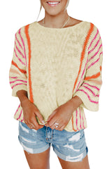 White Striped Bell Sleeve Lightweight Knitted Top