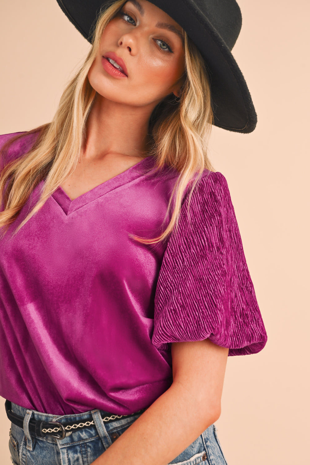 Bright Pink V-Neck Short Puff Sleeve Blouse