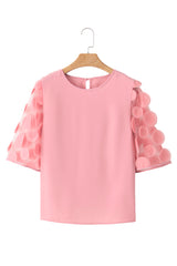 Dusty Pink Applique Mesh Splicing Sleeve Blouse