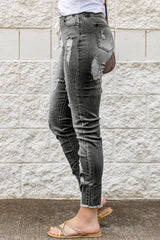 Gray Drawstring Elastic Waist Jeans With Hole