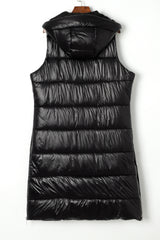 Black Hooded Pocketed Quilted Long Vest Coat