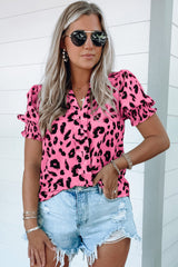 Pink Leopard Print V Neck Smocked Puff Sleeve Blouse