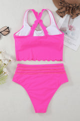 Rose Scalloped Sleeveless High Waisted Two Piece Swimsuit