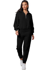 Black Solid Color Half Zip Up Pullover Top and Jogger Set