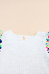 White Abstract Print Puff Sleeve Textured Top