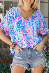 Pastel Blue Abstract Floral Print Short Sleeve V Neck T Shirt