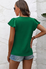 Dark Green Plain Textured Pleated Ruffle Sleeve Blouse