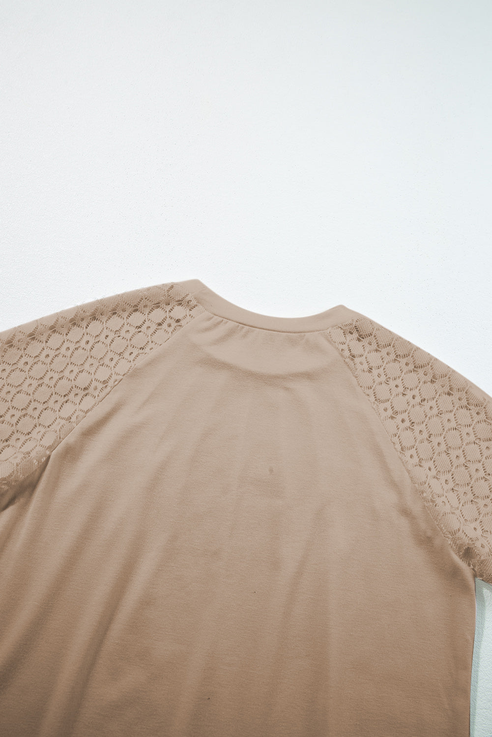 Pale Khaki Seamed Detail Contrast Lace Raglan Sleeve Tee