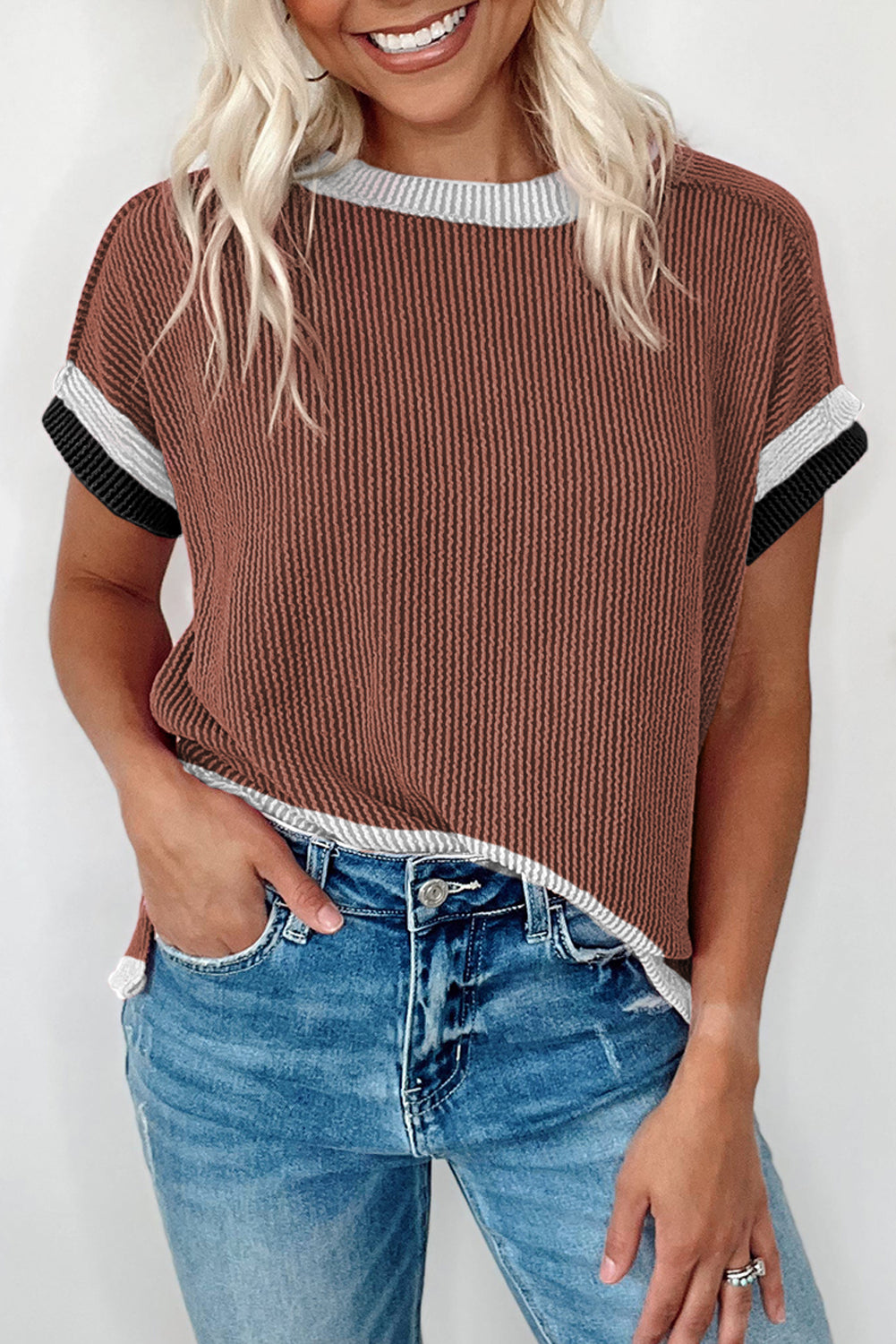 Coffee Ribbed Colorblock Round Neck T Shirt