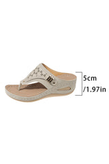 Beige Hollow Out Toe Post Thong Wedge Slides Shoes