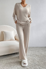 Khaki Slouchy Ribbed Knit V Neck Top & Pants Loungewear Set