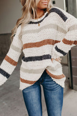 Multicolor Stripes Print Popcorn Drop Shoulder Pullover Sweater