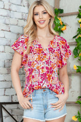 Red Floral Print Flutter Sleeves Short Sleeve Blouse