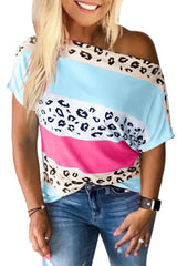 Leopard Print Color Block Short Sleeve Boat Neck Top