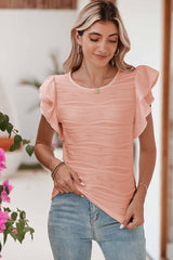 Apricot Pink Casual Plain Wavy Textured Ruffle Sleeve Blouse