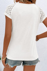 White Contrast Lace Sleeve Keyhole Neck Pleated T Shirt