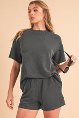 Carbon Grey Ribbed Textured Loose Fit Tee & Shorts Set