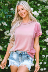 Pink Textured Colorblock Round Neck T Shirt