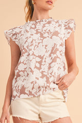 Khaki Floral Print Ruffle Short Sleeve Blouse