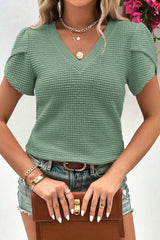 Mist Green Tulip Sleeve Waffle Knit V Neck T-Shirt