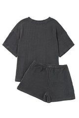 Carbon Grey Ribbed Textured Loose Fit Tee & Shorts Set