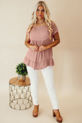 Pink Solid Color Crinkled Short Sleeve Ruffle Hem Blouse