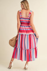 Red Stripe Ruffled Straps Smocked Tiered Midi Dress