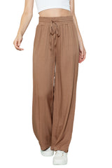 Brown Casual Drawstring Shirred Elastic Waist Wide Leg Pants