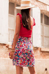 Red Floral Print Wrapped Lace Up Mini Skirt